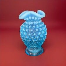 Vintage Fenton Small Blue Opalescent Glass Hobnail Vase, 4