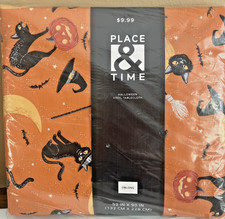 Peva Vinyl Tablecloth, 52 X90 Oblong Halloween WITCHES Hat, BLACK CATS ON ORANGE picture