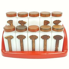 Vintage 1940's Griffith Laboratories Hanging Spice Rack 10 Milk Glass Jars Set picture