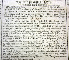 1803 newspaper THE LOUISIANA PURCHASE TREATY is RATIFIED by the US GOVERNMENT picture