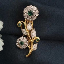 Antique Emerald & Diamond 10K Yellow Gold Over Fleur De Lis Style Brooch Pin 1PC picture