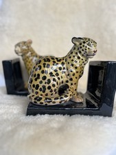 Vintage 60’s  HOLLYWOOD REGENCY ITALY MAJOLICA CHEETAH LEOPARD BOOKENDS MCM picture