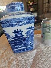Ringtons Tea Merchants Blue & White Hexagonal Tea Caddy Jar Newcastle 7” picture