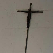 Vintage French Alter Ground Spike Crucifix Metal INRI Church Cross Processional picture
