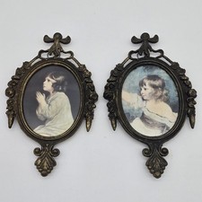 2 Vtg Italy Ornate Framed Brass Gallery Wall Art Child Girl Pair picture