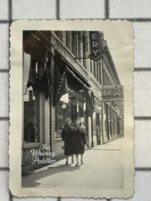 Vintage Photo Two Women Downtown by Central Drugstore and Hotel Signs picture