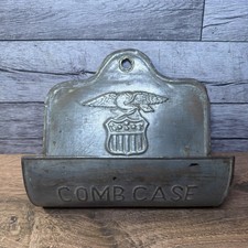 Antique Pressed Tin Comb Case Wall Pocket Holder American Eagle Shield VTG picture