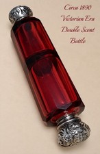 Antique c1890 English Victorian Rich Ruby Red Glass Double Scent Perfume Bottle picture