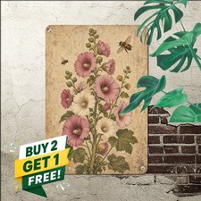 vintage botanical flowers bees vertical hollyhock style flower picture