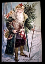 Long Green Robe Santa Claus with Tree~Toys~Antique~Christmas Postcard-r903 picture