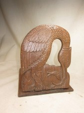 single vintage antique hand card wooden bookend book rack heron crane loon  art picture