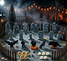 65 Pcs Halloween Village Accessories Halloween Miniatures Tombstone Crow picture