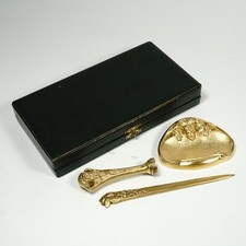 Maurice Frecourt French Gilt Bronze Desk Set, Wax Seal, Dish, Letter Opener picture