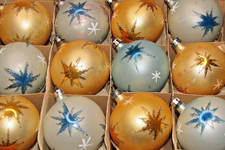Lot VTG Glass ATOMIC Glitter STAR BALL Christmas Ornaments Poland Gold Blue picture