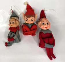 3 Vintage Knee Huggers Christmas Elves Red Green Ears Made in Japan Holiday picture