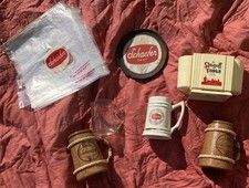 Vintage Schaefer Wooden glass Beer Mugs tray bags strogoff vodka picture