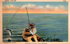 East Tawas, Michigan - Man Fishing in Lake at East Tawas - 1940s picture