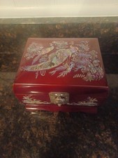 Vintage Korean Red Lacquer Jewelry Box Mother of Pearl Inlay Peacock Crane MINT picture
