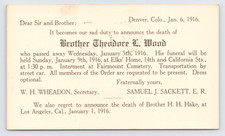 1916 Elks Lodge Postal Card Denver CO Theodore L Wood Funeral Fairmount Cemetery picture