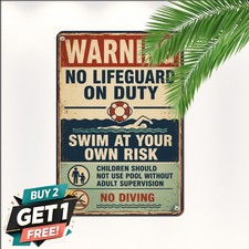 Pool Safety Warning No Lifeguard On Duty Notice Metal Tin Sign Plaque 8x12 picture
