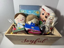 Christmas Goody Basket: 3 Books/13 Ornaments/2 Dolls/Santa Hat/Nutcracker/Cross picture