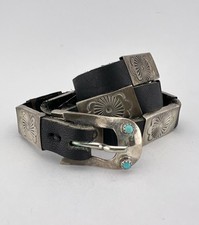 Vtg Navajo Sterling Silver Turquoise Stamped Rectangle Concho Leather Hat Band picture