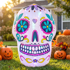 4Ft Colorful Sugar Skull Inflatable LED Halloween Yard Decor picture