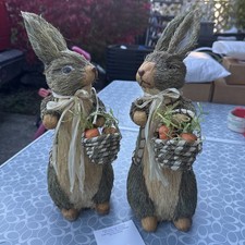 decorative straw rabbit figurine Spring Easter Large Pair Of Easter Bunnies  14” picture