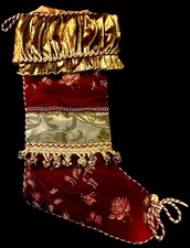 Vtg Luxury Victorian Style Brocade Red Gold floral Tassels Christmas Stocking #1 picture