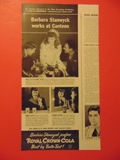 1943 ROYAL CROWN COLA Barbara Stanwyck works at canteen photo art print ad picture