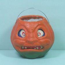 Vintage Paper Mache Jack O Lantern Bucket Teeth Eyes Halloween Vintage 1940's picture