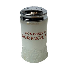 NORWICH NY NEW YORK ANTIQUE Souvenir DEPRESSION MILK WHITE Glass TRINKET SHAKER picture