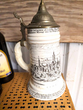 Vintage German München Lidded Beer Stein City Scene Breweriana Pewter Metal Lid picture
