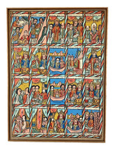 Vintage Ethiopian Orthodox Christian Folk Art Painting Ge'ez Biblical Panel 24x3 picture