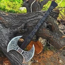 Handmade Forged Steel Double Bit Axe Etched Blade Carved Wood Handle Replica Art picture