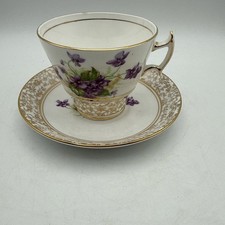 Vintage Phoenix Bone China Tea Cup and Sauce Gold Accents Purple Flowers picture