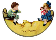 Vintage Valentine Card, CHLOE PRESTON MAN IN THE MOON TEETER TOTTER W/KIDS, READ picture