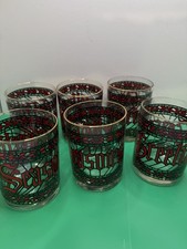 6 Houze “Seasons Greetings” Stained Glass effect Tumblers H4” W3” Mid 20th, VTG picture