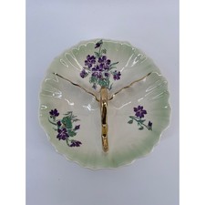 Vintage CG USA Divided Candy Dish Purple Violets 22KT Gold Trim Scalloped Edge picture