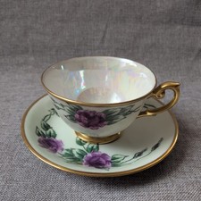 Vtg Artist Signed M.E.C Teacup Saucer Irridescent Lusterware Pearlescent Floral picture