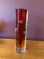 Vintage Italian Murano Red And Amber Sommerso Art Glass Octagonal 11.75” Vase picture