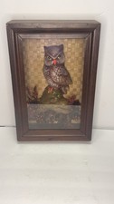 Vintage 1970s 3D Ceramic Owl Shadow Box Diorama Wood Frame Woven Art picture