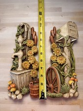 Vintage 1970's Chalkware Wall Plaques Mailbox Water Pump Mushrooms Daisies Pair  picture