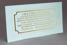 PRECUT TRADIO HOTEL RADIO COIN OPERATED INSTRUCTIONS WATER SLIDE DECAL picture