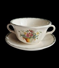 Vintage La Cartuja de Sevilla Bouillon Cup and Saucer, Floral Pattern,  Spain picture