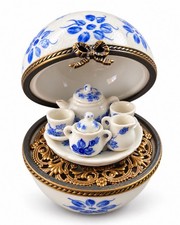 Rare Vintage Limoges, France Porcelain Trinket Box with Miniature Tea Set Inside picture