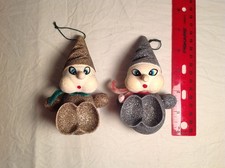 2 Vintage 1950's Cardboard Paper Mache Mica Glitter Elf Elves Christmas Ornament picture