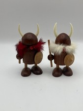 Vintage Danish Wooden Viking Figurines Set of 2 Denmark Fur Beard MCM 4
