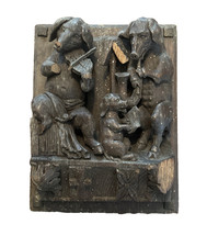 Antique Hand Carved Wood Misericord Plaque Medieval Musical Pigs Wall Relief 7x9 picture