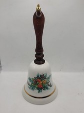 Vintage - 1985 Avon Christmas Bell, Porcelain Wood Handle Golden Trim  6.5
